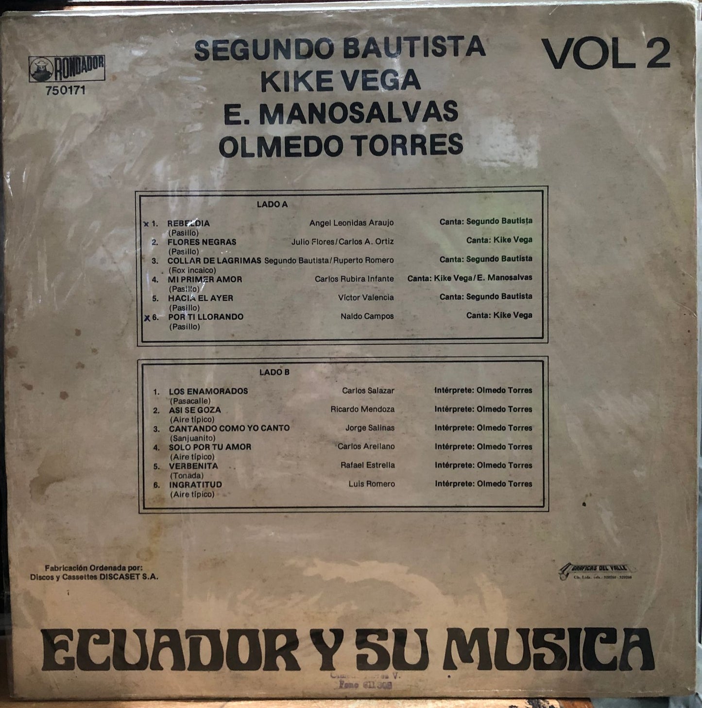 SEGUNDO BAUTISTA, KIKE VEGA, OLMEDO TORRES - ECUADOR Y SU MUSICA VOL.2 LP