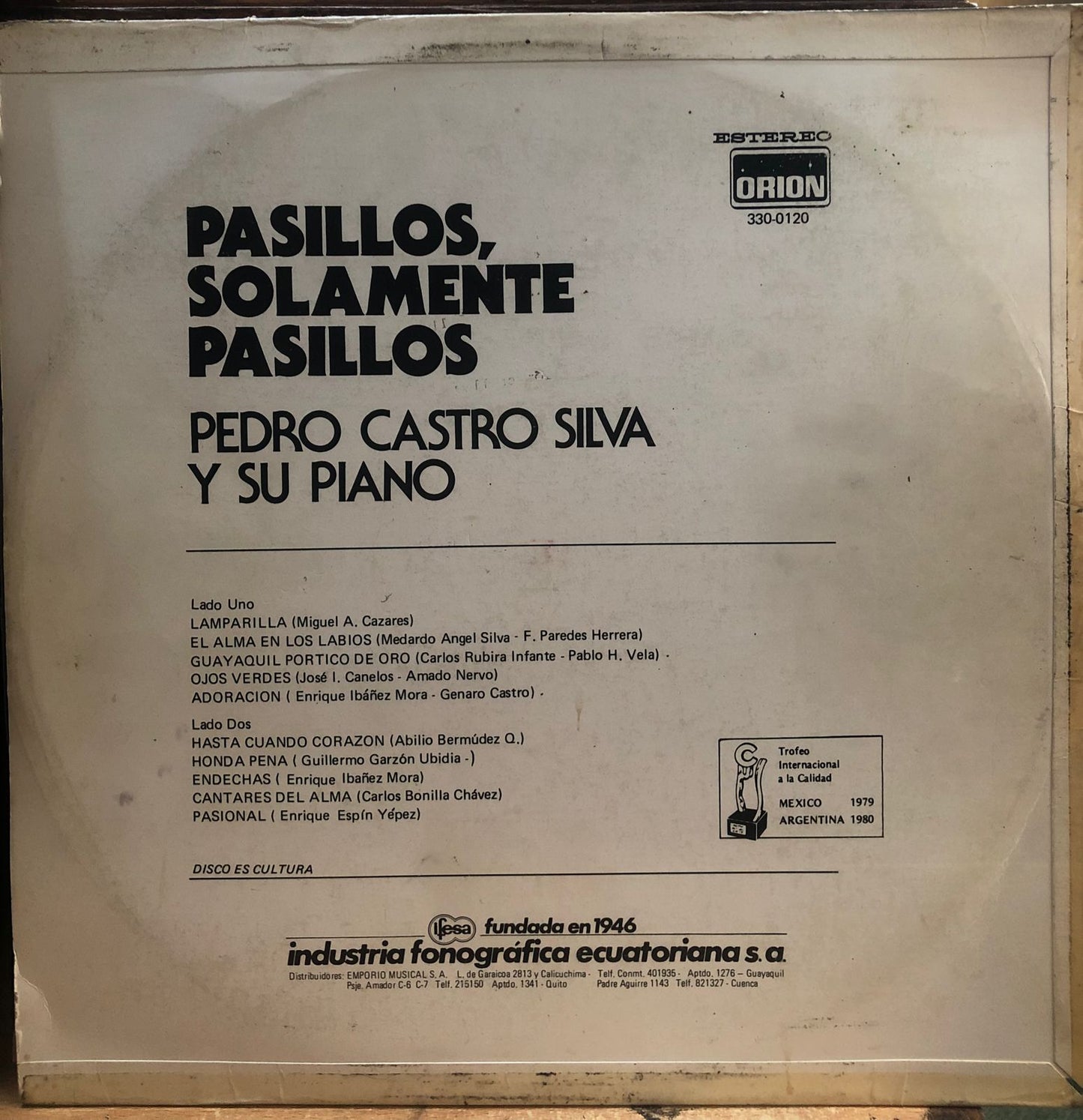 PEDRO CASTRO SILVA Y SU PIANO - PASILLOS, SOLAMENTE PASILLOS LP (DE EPOCA)