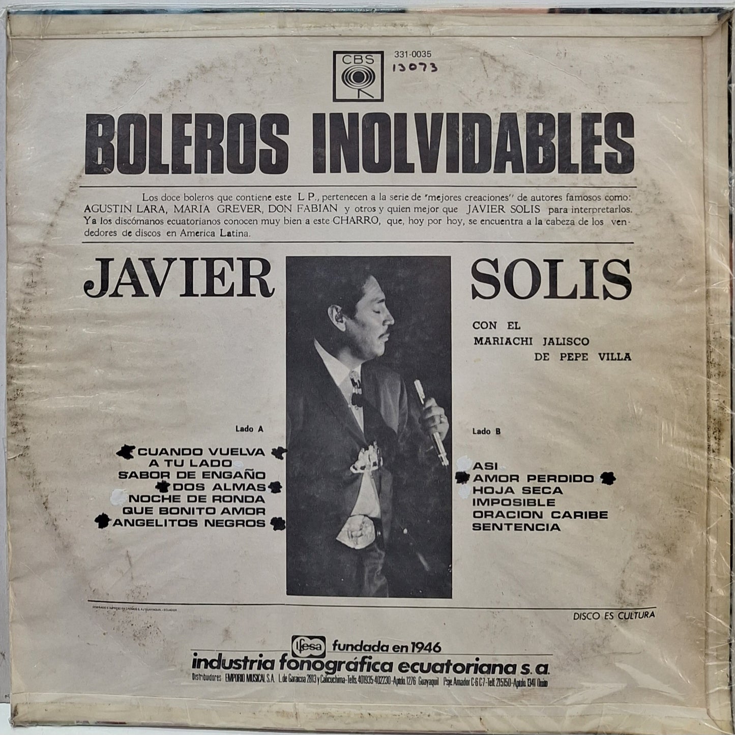 JAVIER SOLIS - BOLEROS INOLVIDABLES - LP