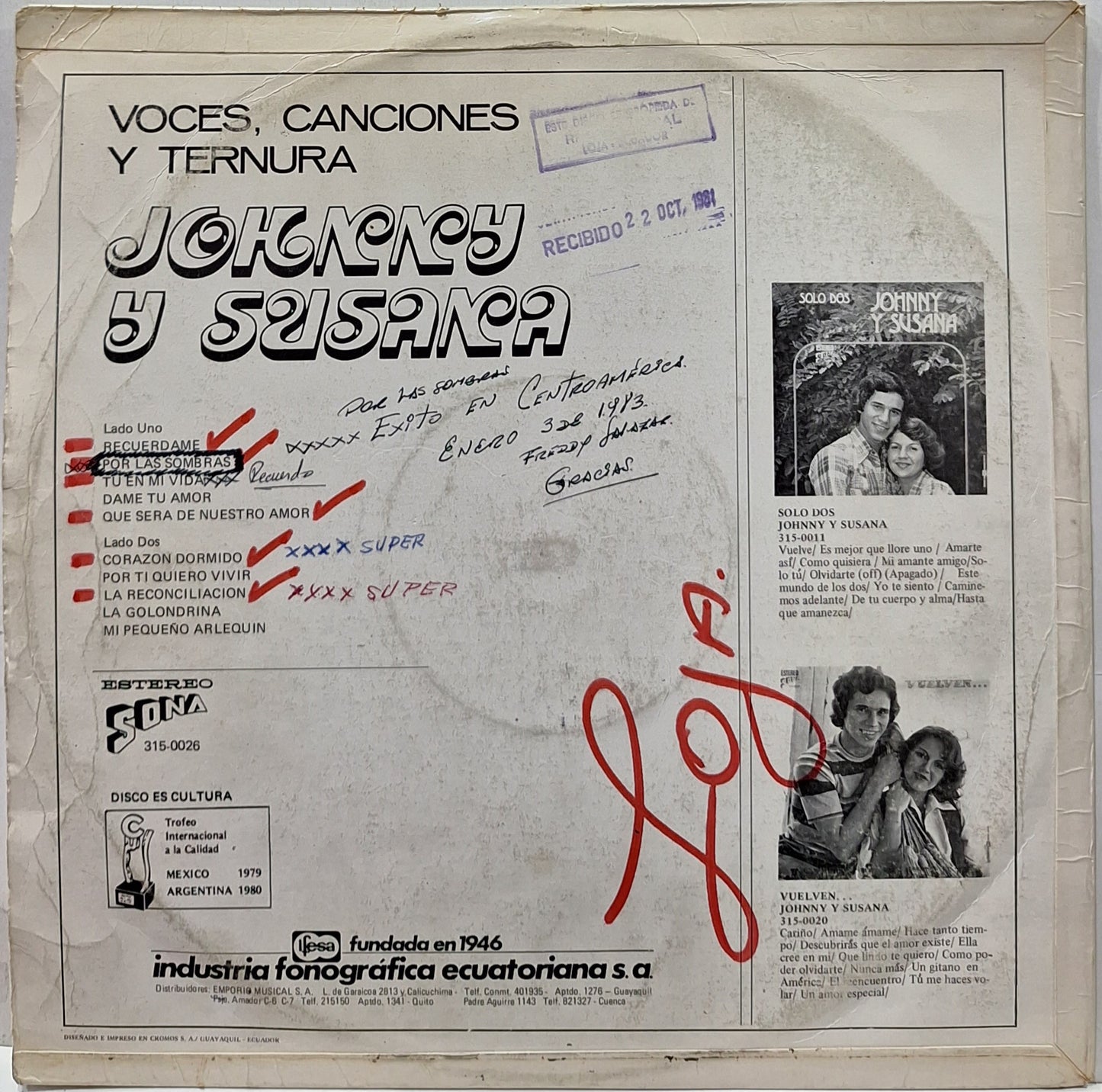 JOHNNY Y SUSANA - VOCES CANCIONES Y TERNURA LP