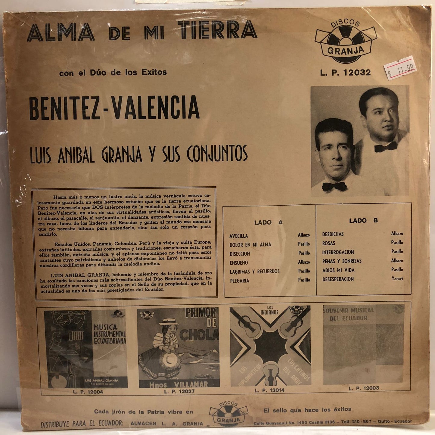 BENITEZ-VALENCIA CON LUIS ANIBAL GRANJA Y SUS CONJUNTOS - ALMA DE MI TIERRA LP