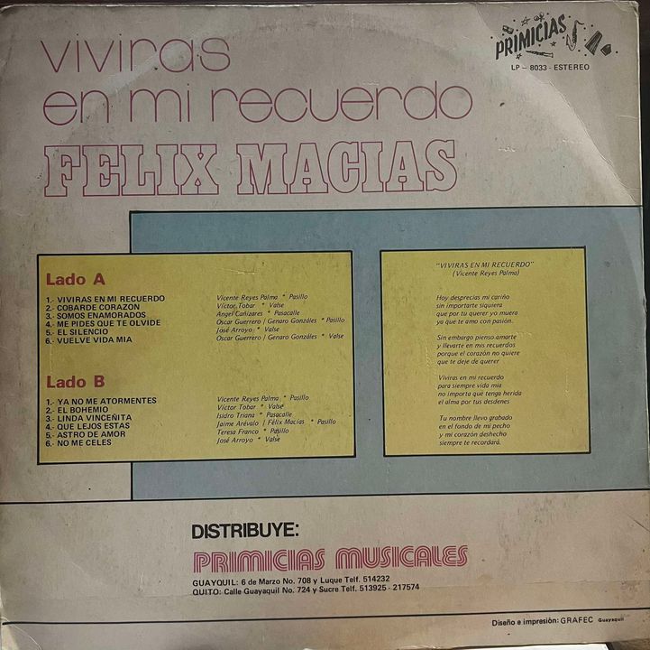 FELIX MACIAS - VIVIRAS EN MI RECUERDO LP (DE EPOCA)