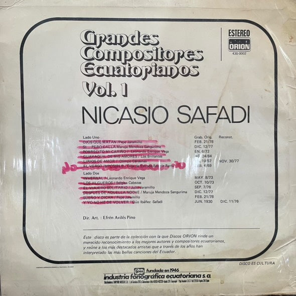 NICASIO SAFADI - GRANDES COMPOSITORES ECUATORIANOS VOL.1 LP (DE EPOCA)