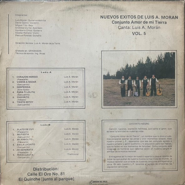 CONJUNTO AMOR DE MI TIERRA - NUEVOS EXITOS DE LUIS A. MORAN VOL.5 LP (DE EPOCA)