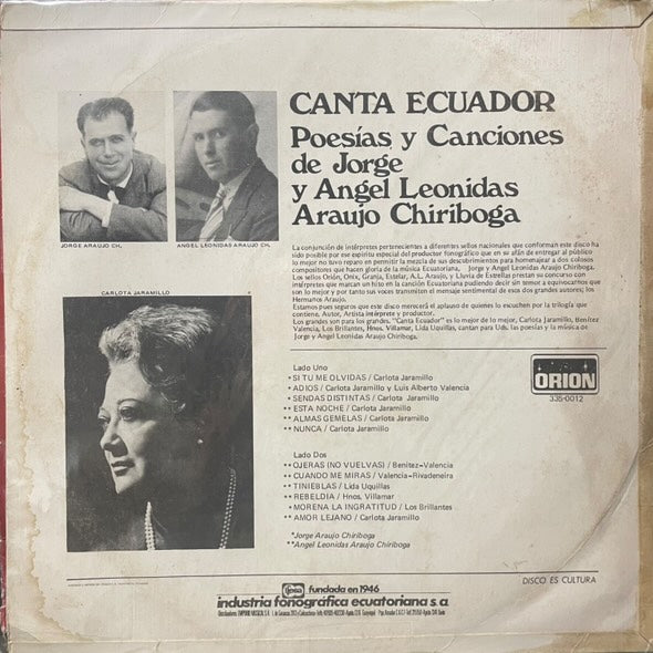 JORGE Y ANGEL LEONIDAS ARAUJO CHIRIBOGA - CANTA ECUADOR LP (DE EPOCA)