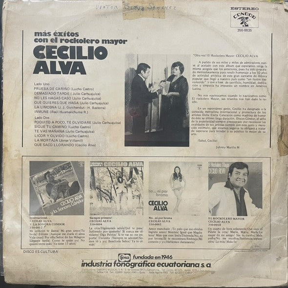 CECILIO ALVA - MAS EXITOS CON EL ROCKOLERO MAYOR LP (DE EPOCA)
