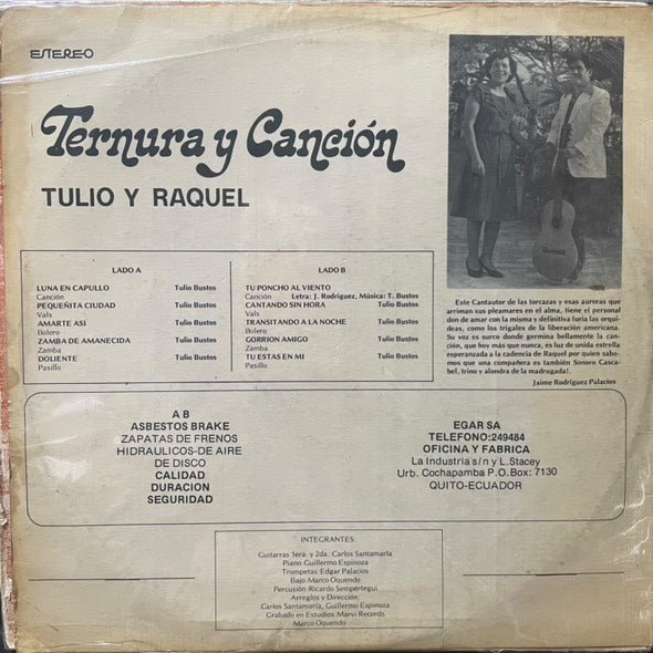 TULIO Y RAQUEL - TERNURA Y CANCION LP (DE EPOCA)