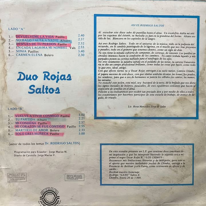 DUO ROJAS SALTOS - DEVULVEME LA VIDA LP (DE EPOCA)