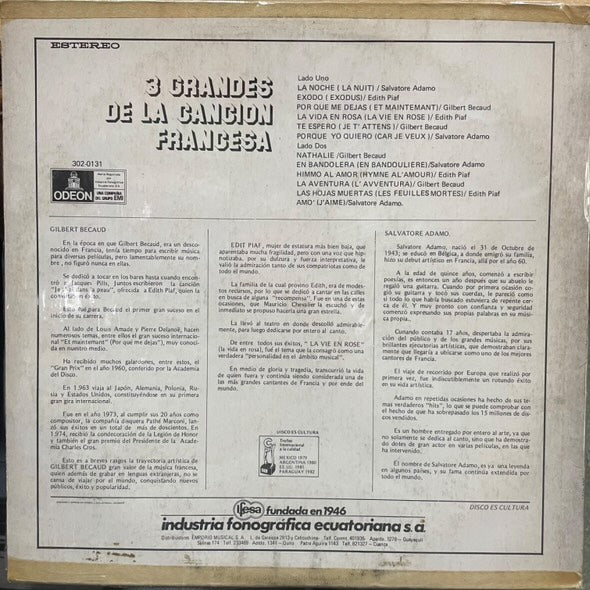 3 GRANDES DE LA CANCION FRANCESA LP (DE EPOCA)