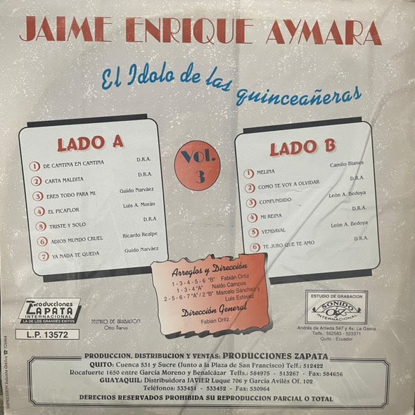JAIME ENRIQUE AYMARA - EL IDOLO DE LAS QUINCEAÑERAS VOL.3 LP (DE EPOCA)