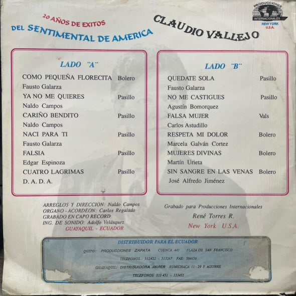 CLAUDIO VALLEJO - 20 AÑOS DE EXITOS DEL SENTIMENTAL DE AMERICA LP (DE EPOCA)
