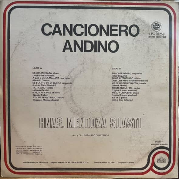 HNAS MENDONZA SUASTI - CANCIONERO ANDINO LP (DE EPOCA)