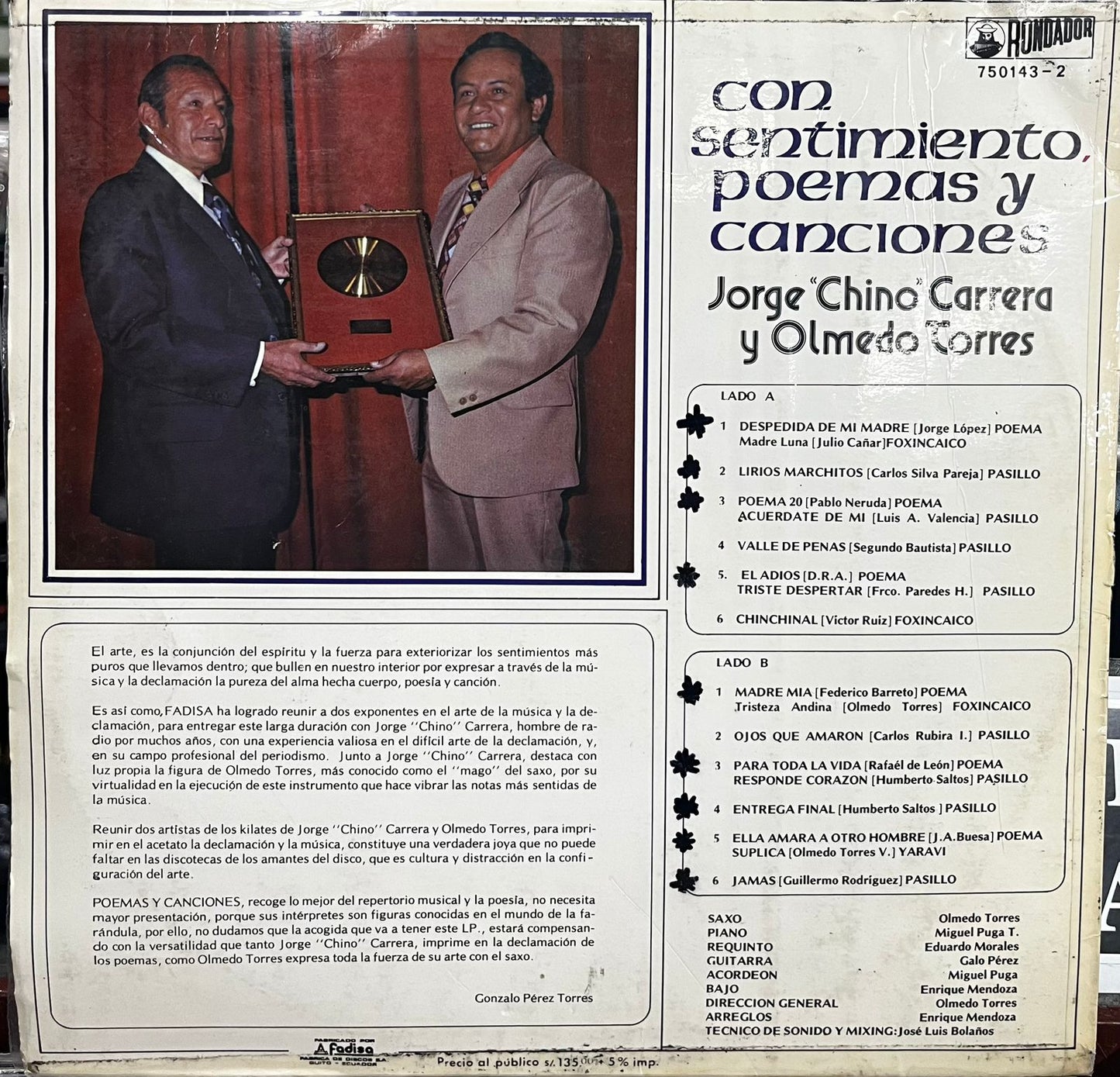 JORGE ¨CHINO¨ CARRERA Y OLMEDO TORRES - CON SENTIMIENTO POEMAS Y CANCIONES LP