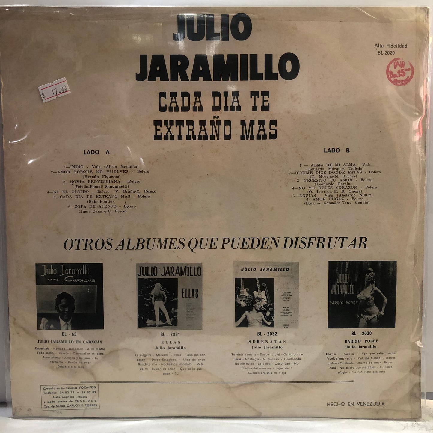 JULIO JARAMILLO - CADA DIA TE EXTRAÑO MAS LP