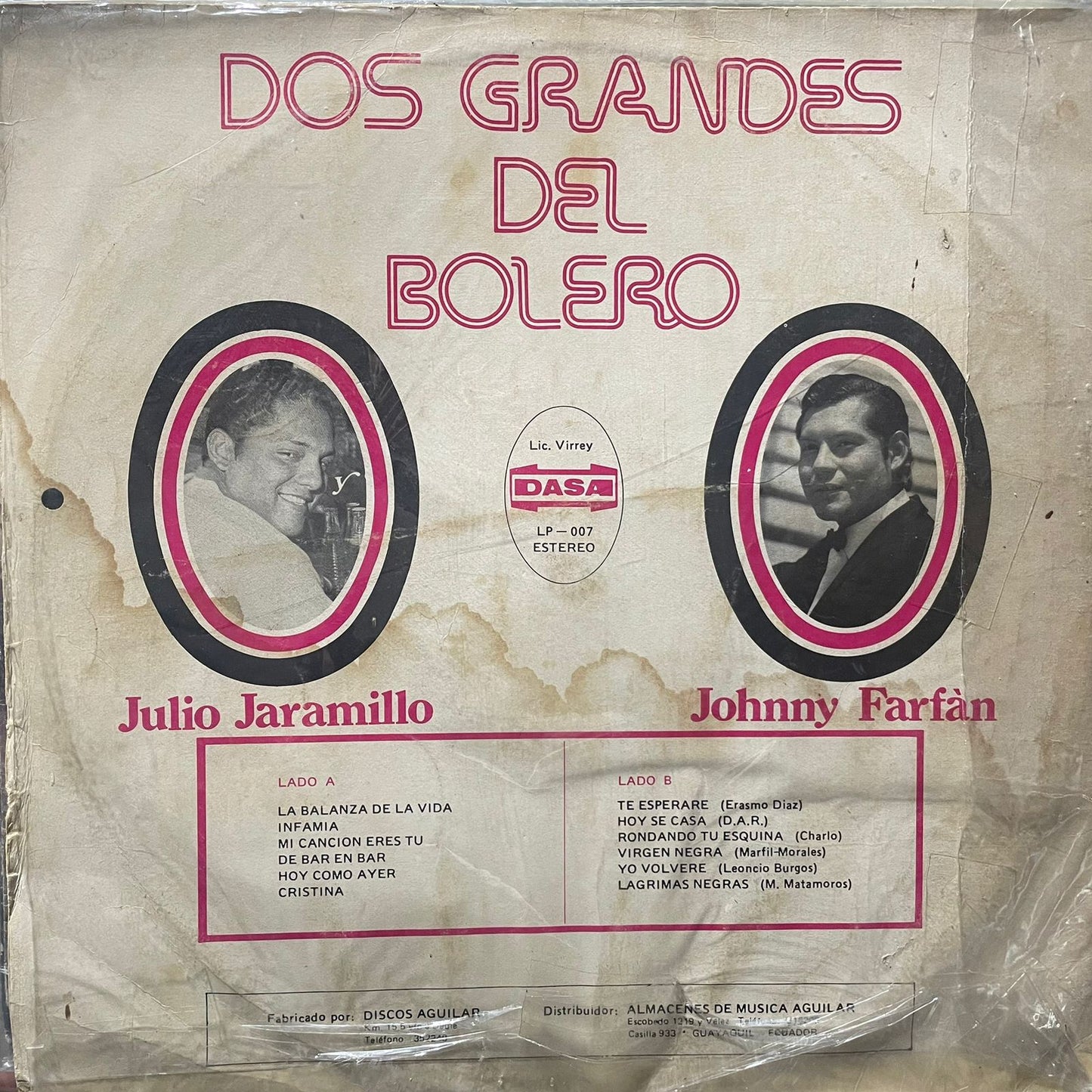 JULIO JARAMILLO Y JOHNNY FARFAN - DOS GRANDES DEL BOLERO LP (DE EPOCA)