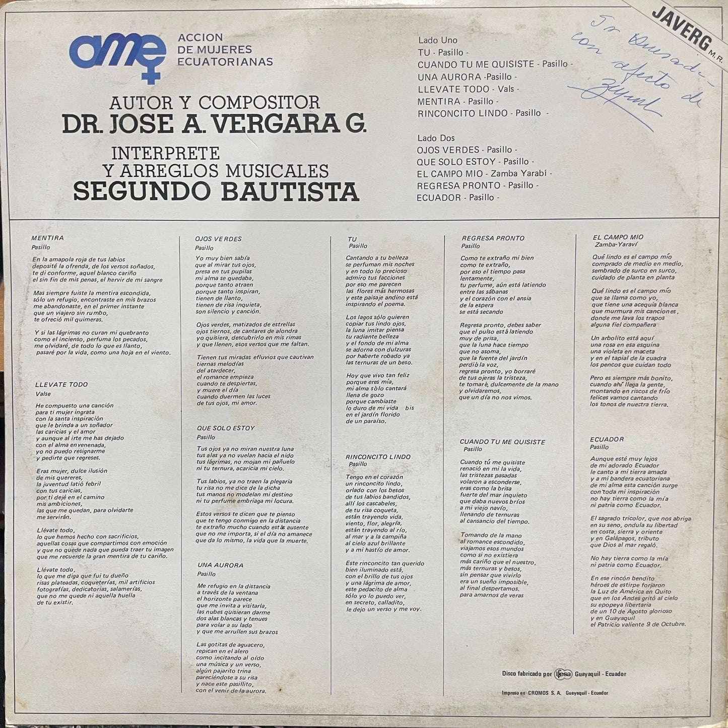 JOSE A. VERGARA G. (AUTOR) - SEGUNDO BAUTISTA (INTERPRETE) LP