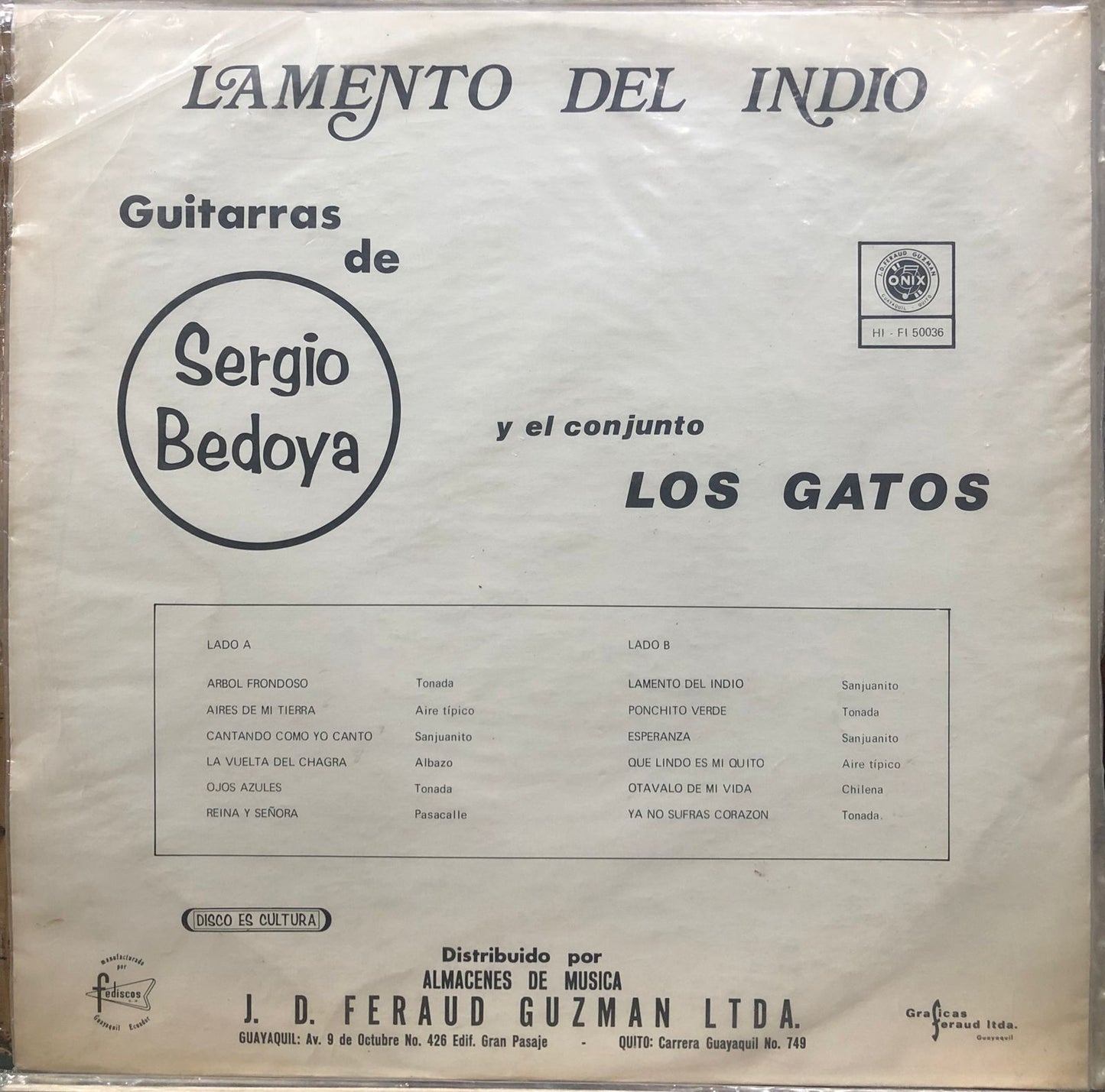 SERGIO BEDOYA Y EL CONJUNTO LOS GATOS - LAMENTO DEL INDIO LP (DE EPOCA)
