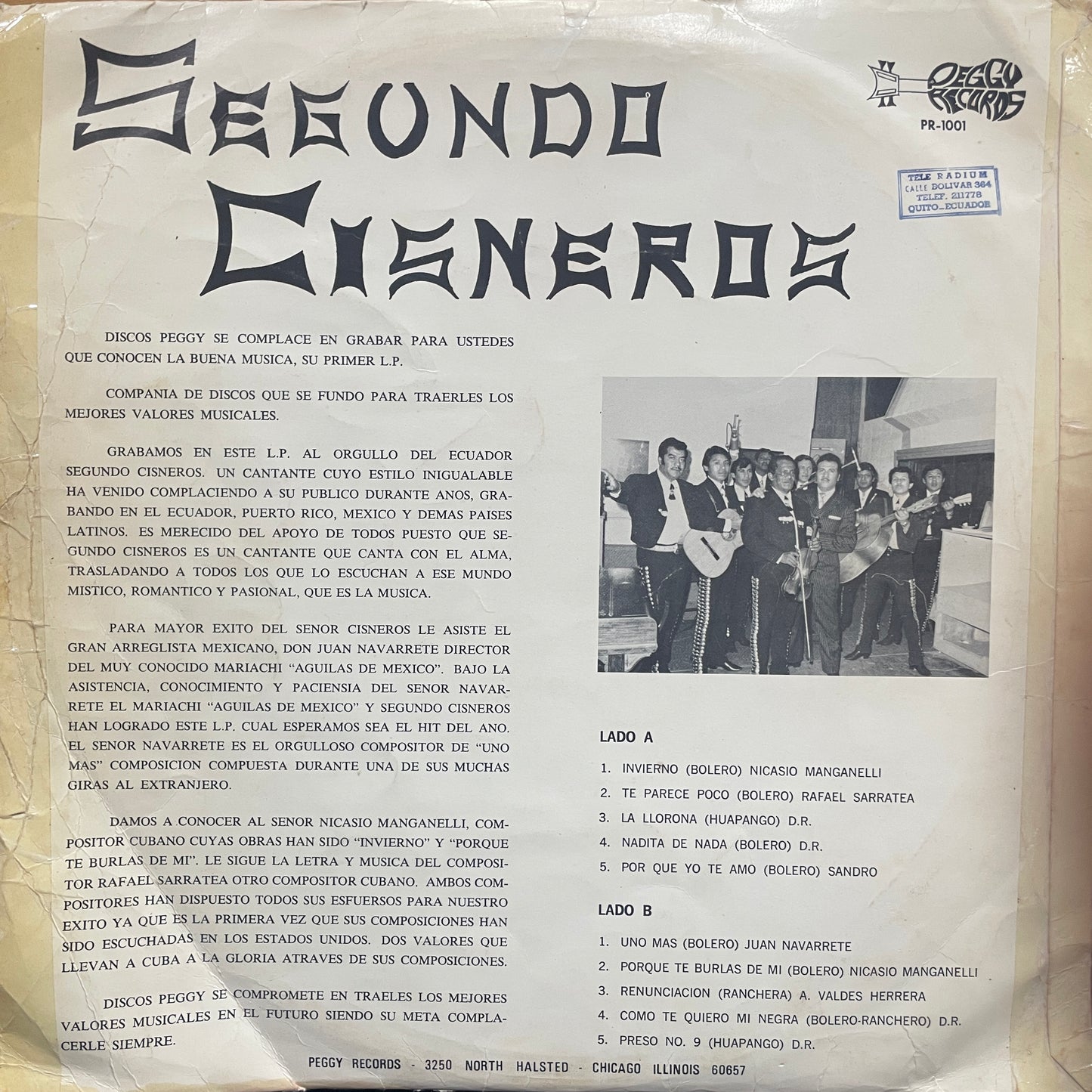 SEGUNDO CISNEROS Y EL MARIACHI AGUILAS DE MEXICO - INVIERNO Y 9 HITS MAS LP