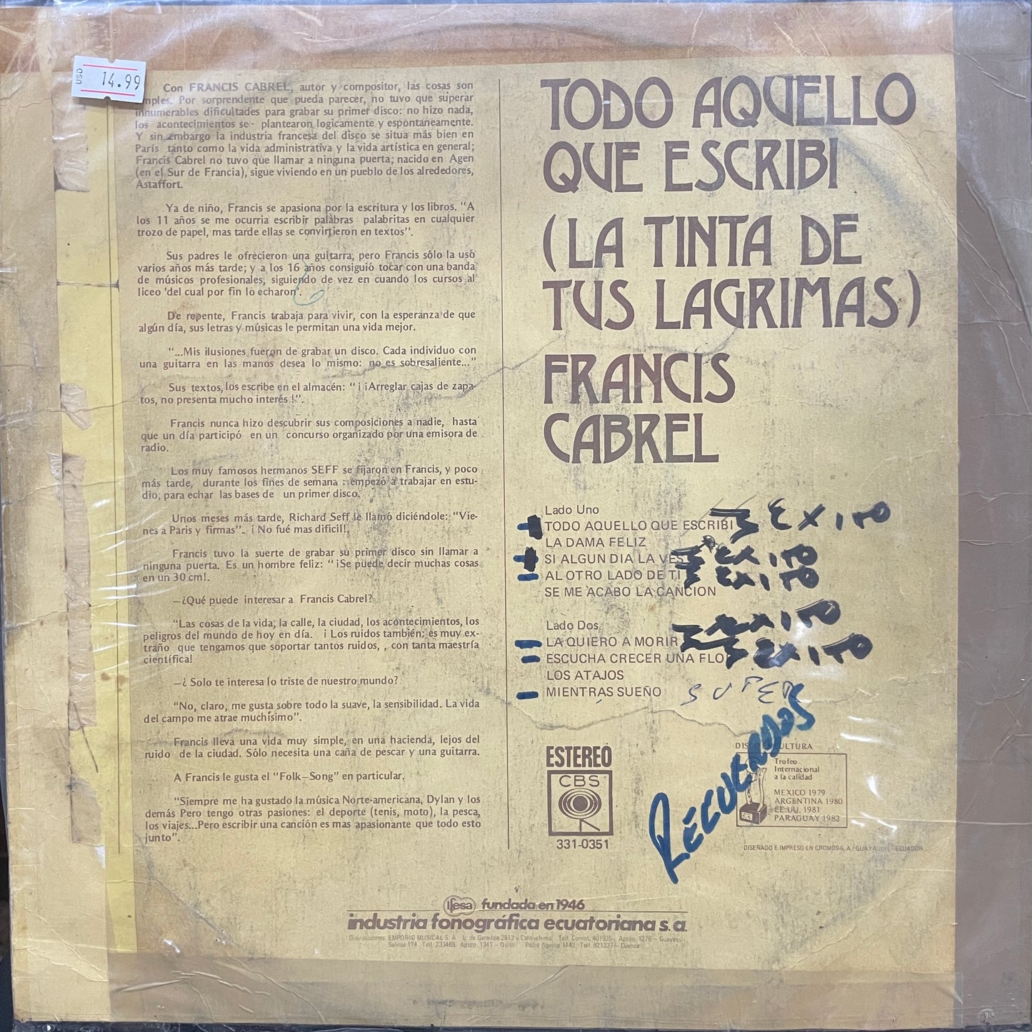 FRANCIS CABREL - TODO AQUELLO QUE ESCRIBI LP