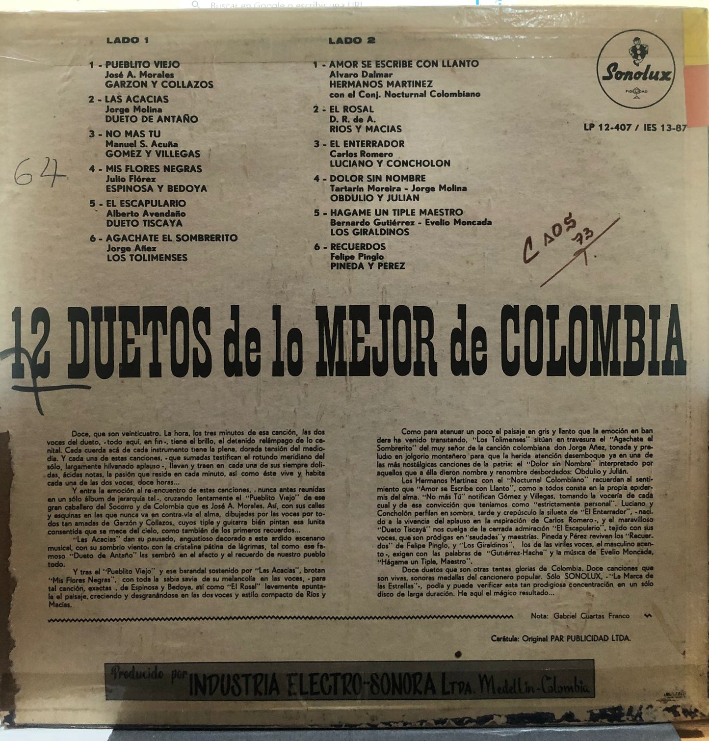 12 DUETOS DE LO MEJOR DE COLOMBIA LP