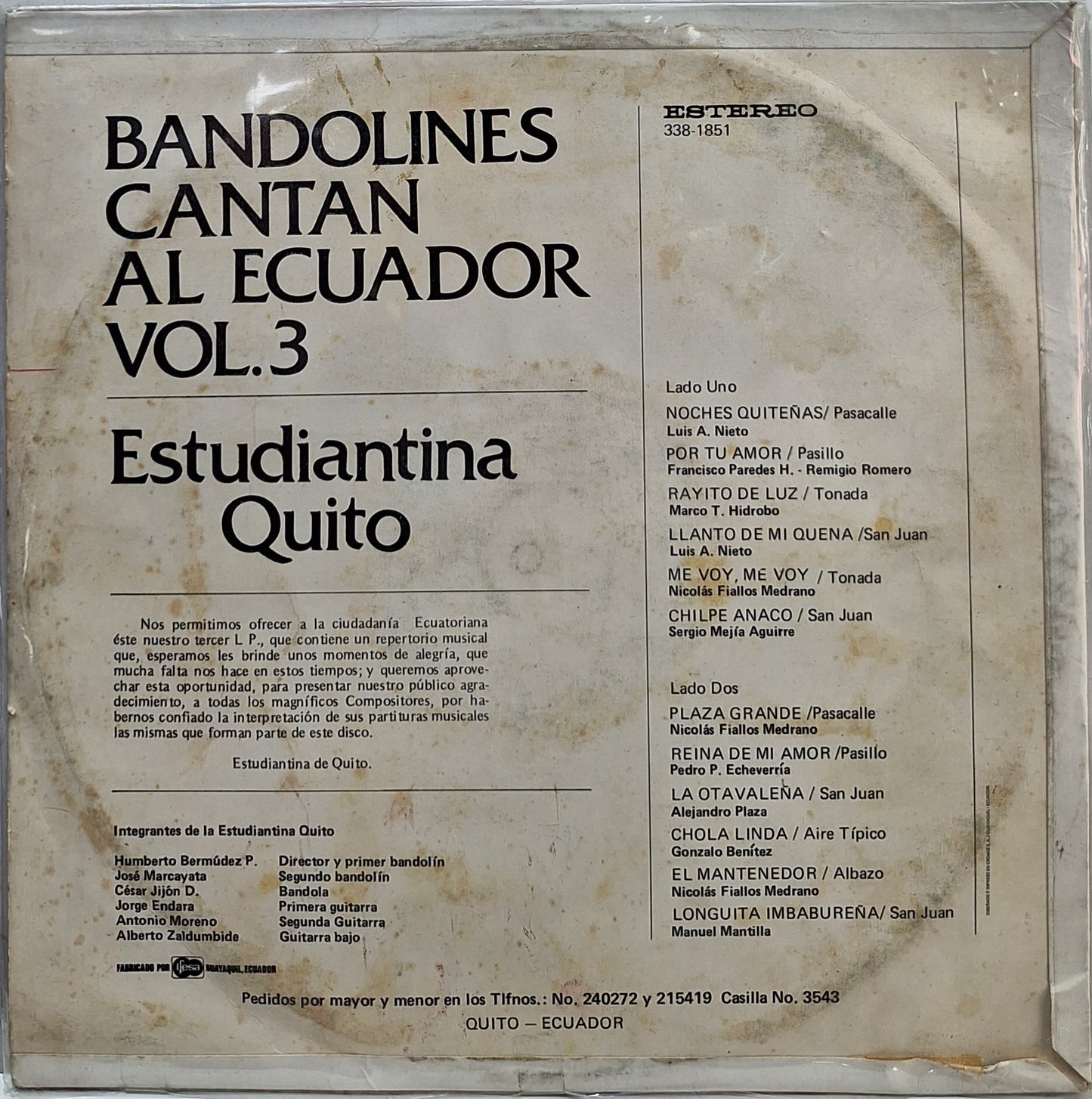 ESTUDIANTINA QUITO - BANDOLINES CANTAN AL ECUADOR VOL.3 LP