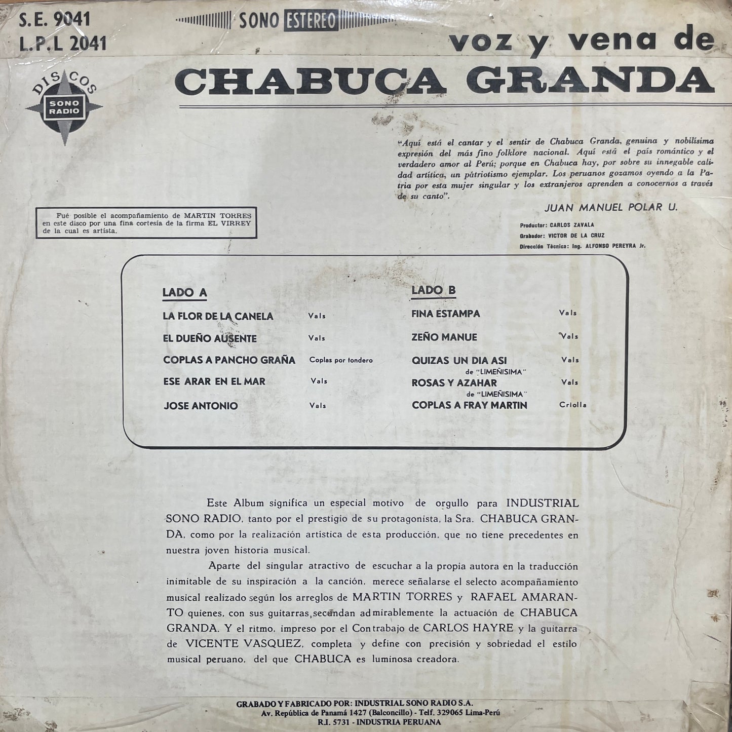 CHABUCA GRANDA - VOZ Y VENA DE LP