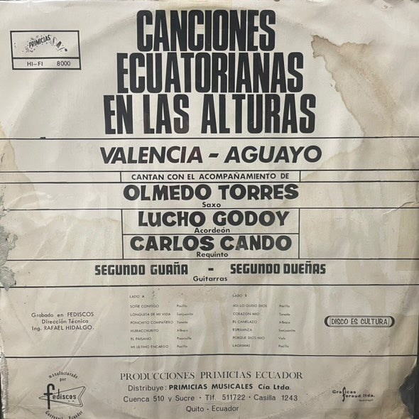 DUO VALENCIA AGUAYO - CANCIONES ECUATORIANAS EN LAS ALTURAS LP (DE EPOCA)