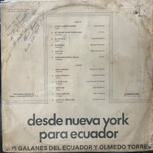 LOS GALANES DEL ECUADOR Y OLMEDO TORRES - DESDE NUEVA YORK PARA ECUADOR LP (DE EPOCA)