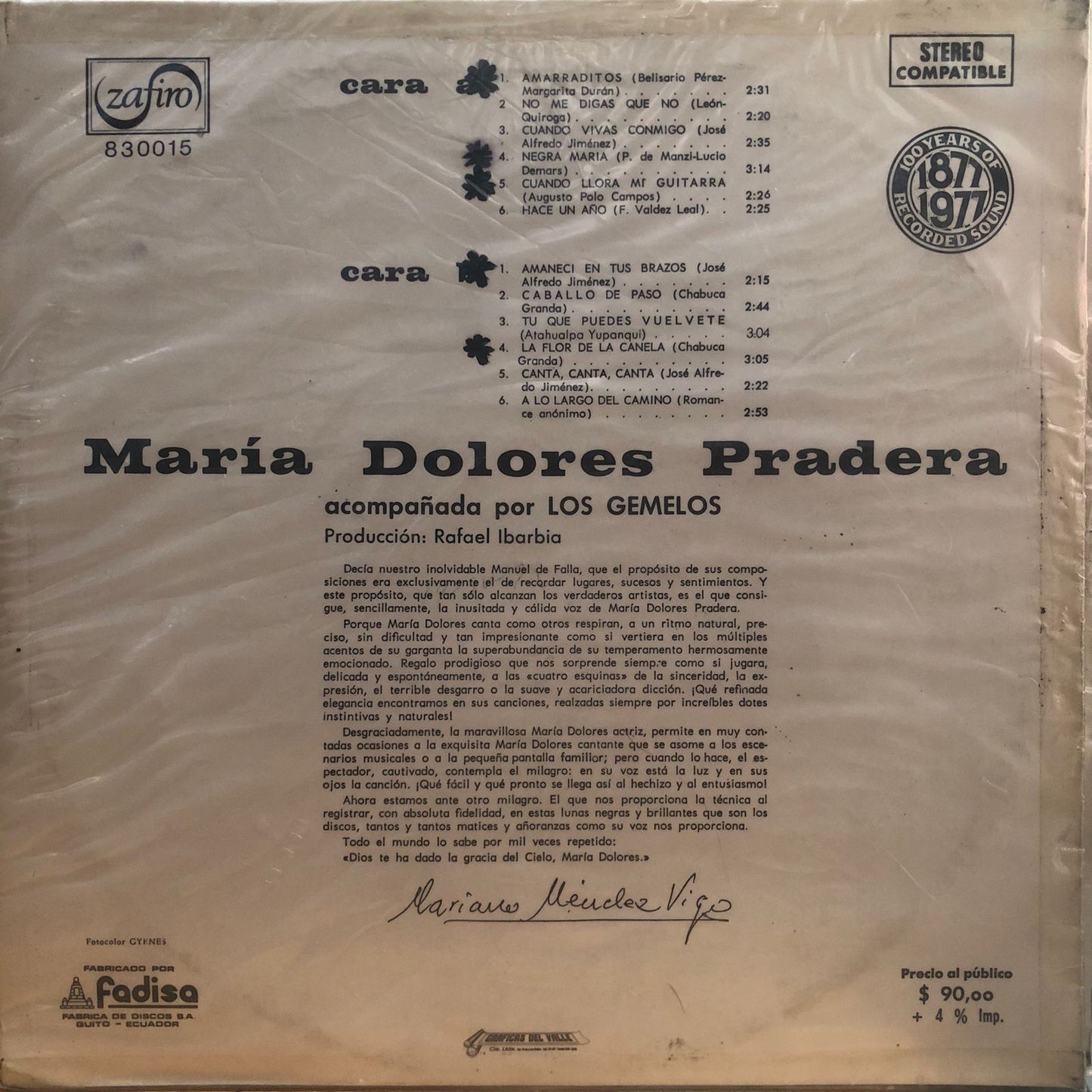 MARIA DOLORES PRADERA - ACOMPAÑADA POR LOS GEMELOS LP ZAFIRO