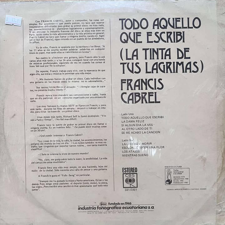 FRANCIS CABREL - TODO AQUELLO QUE ESCRIBI LP (DE EPOCA)