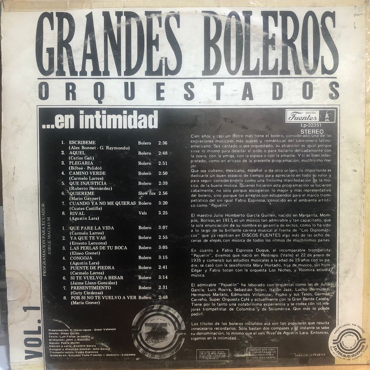 GRANDES BOLEROS ORQUESTADOS... EN INTIMIDAD VOL.1 LP