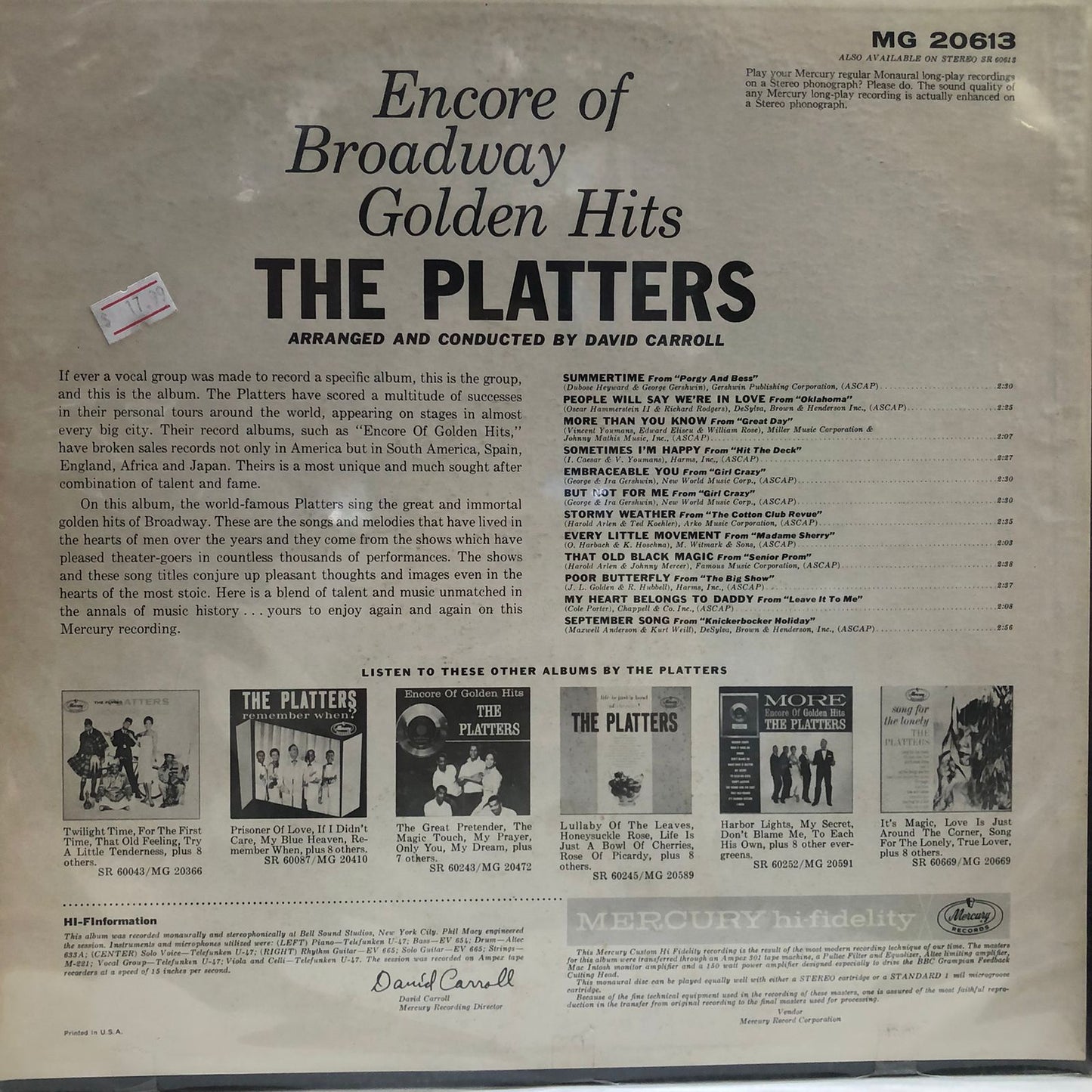 THE PLATTERS - ENCORE OF BROADWAY GOLDEN HITS  LP