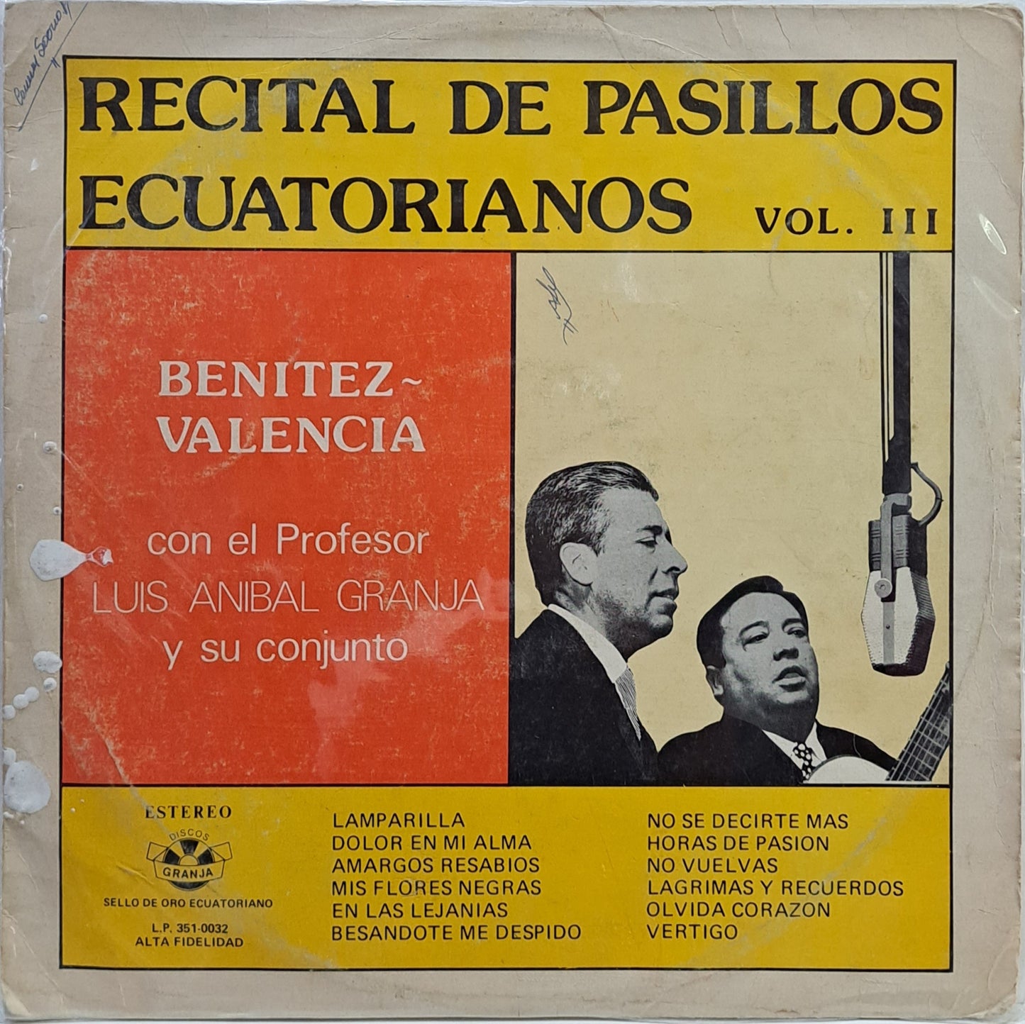 BENITEZ -  VALENCIA - RECITAL DE PASILLOS ECUATORIANOS  VOL III  LP